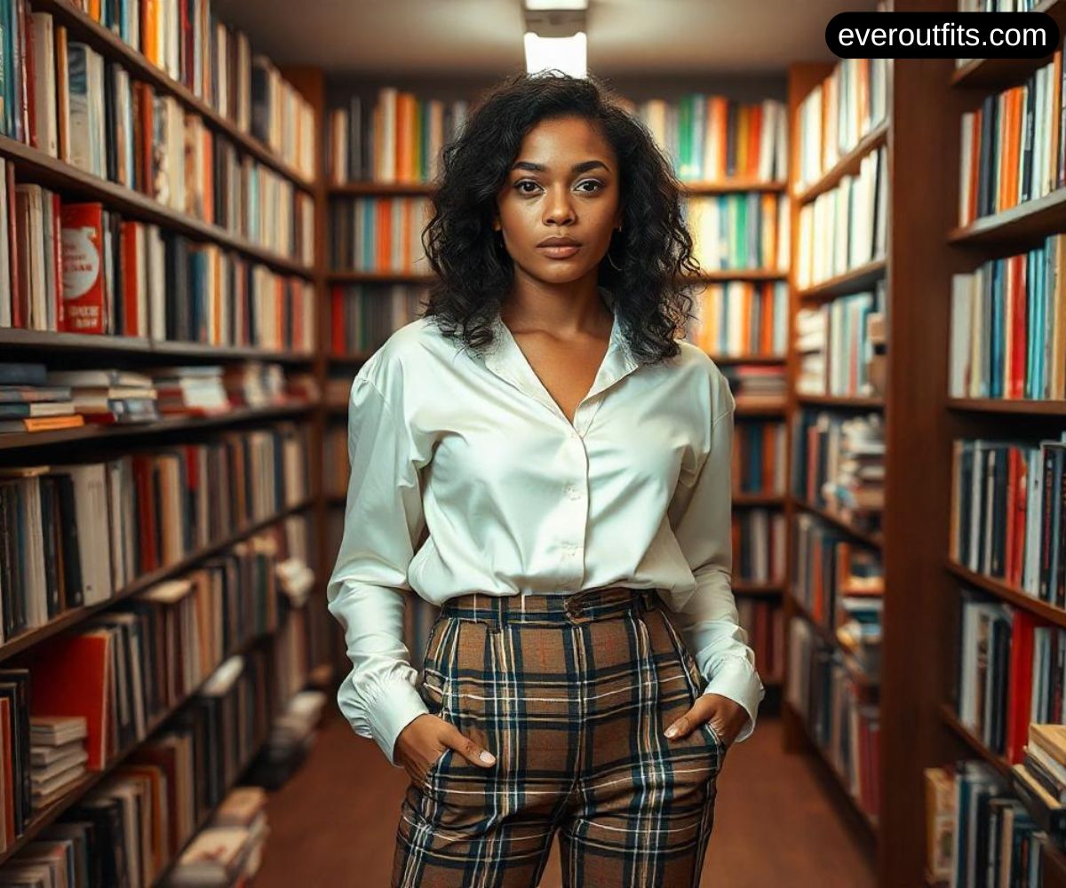 High-Waisted Trousers with a Satin Blouse