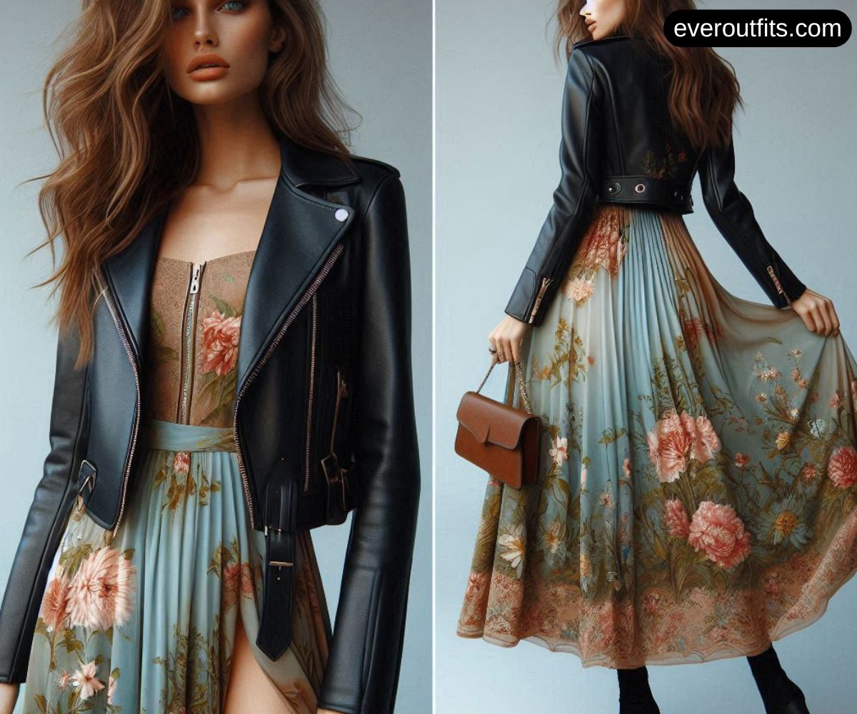 Leather Jacket with Floral Maxi Dress