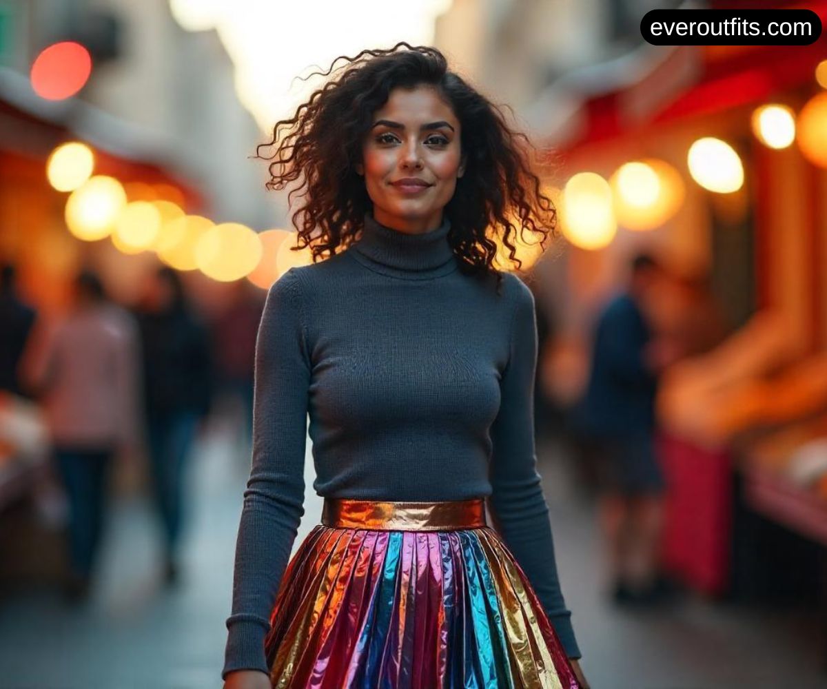 Metallic Pleated Skirt with a Fitted Turtleneck