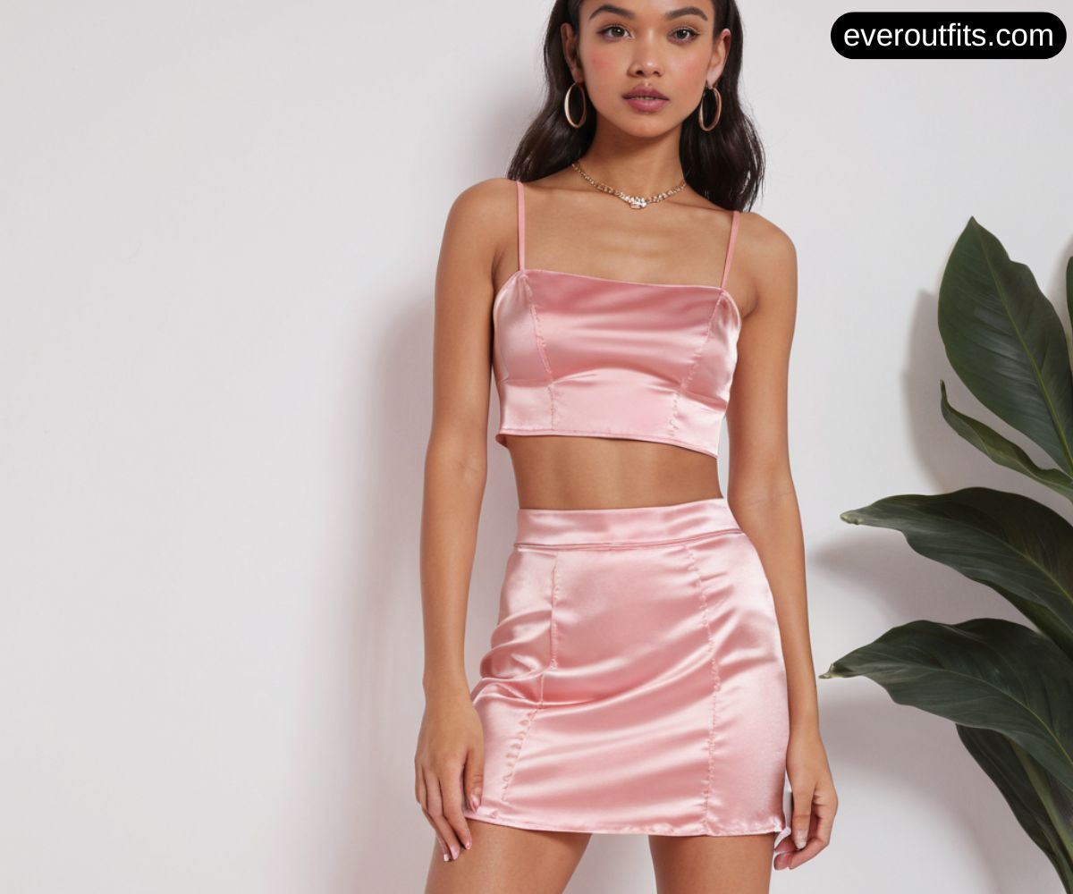 Pink Satin Mini Skirt and Crop Top