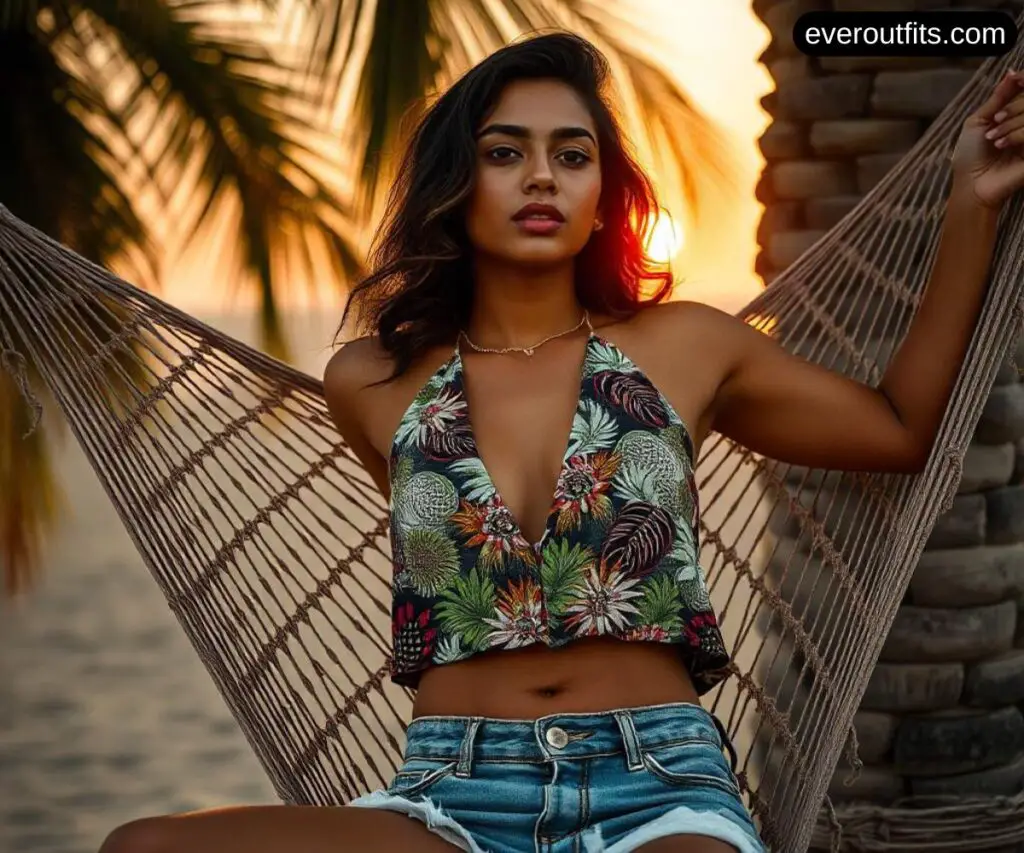 Tropical Print Halter Top and Denim Shorts