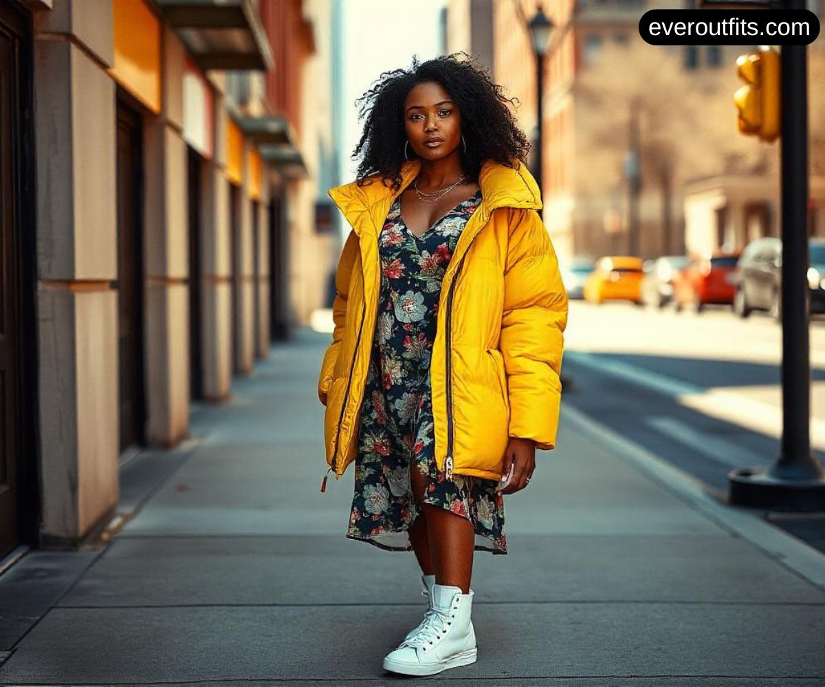 Puffer Jacket with Dress and Sneakers