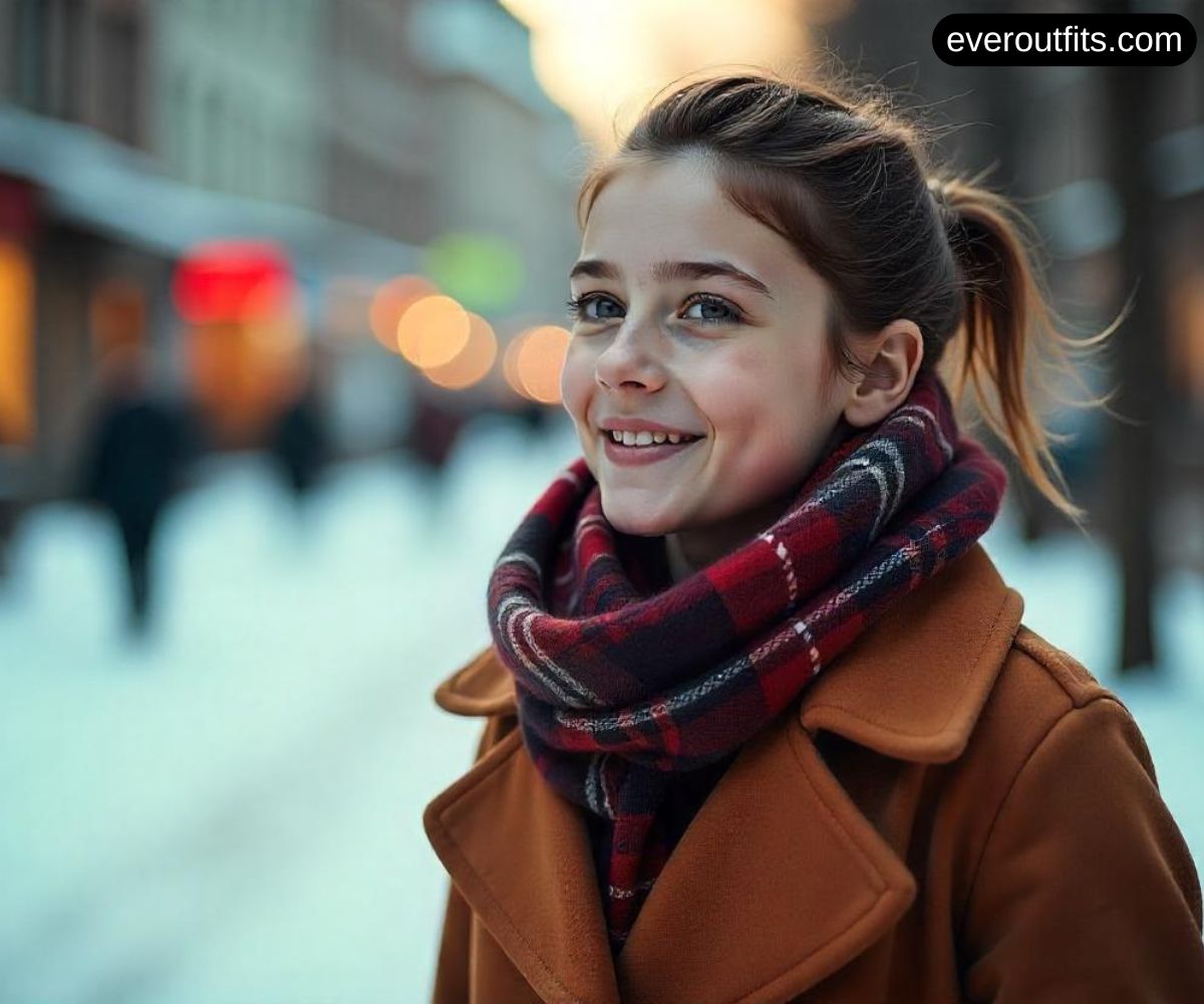 Winter Coat & Plaid Scarf